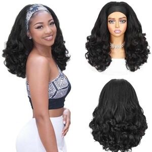 Black Headband‎ Wig Wavy Synthetic Curly Hair Glueless Mid Length Heat Resistant